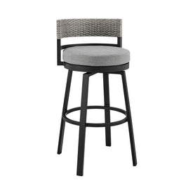Encinitas Outdoor Patio Counter Height Swivel Bar Stool in Aluminum and Wicker with Gray Cushions