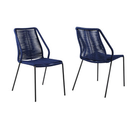 Clip Indoor Outdoor Stackable Steel Dining Chairs with Blue Rope Set of 2