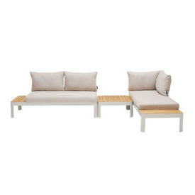 Portals Outdoor Three-Piece Sofa Set in Light Matte Sand Finish with Natural Teak Wood Top Accent