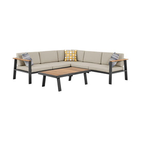 Nofi Outdoor Patio Sectional Set in Charcoal Finish with Taupe Cushions and Teak Wood