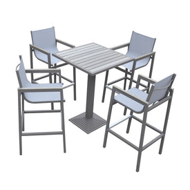 Marina Outdoor Patio Set Gray Finish and Gray Wood Top (Table with 4 barstools)