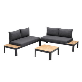 Portals Outdoor Three-Piece Sofa Set in Black Finish with Natural Teak Wood Top Accent