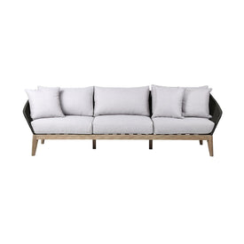 Athos Indoor Outdoor Three-Seat Sofa in Light Eucalyptus Wood with Latte Rope and Gray Cushions