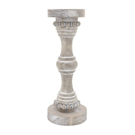 14" Banded Bead Wood Candle Holder - Antique White