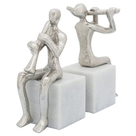 Metal Musicians on Marble Base Set of 2 - Silver