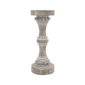 13" Banded Bead Wood Candle Holder - Antique White