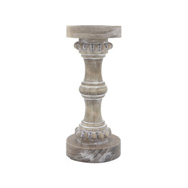 11" Banded Bead Wood Candle Holder - Antique White