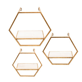 Metal/Wood Hexagon Wall Shelves Set of 3 - Gold/White