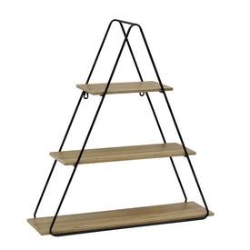 Three-Tier Triangular Metal and Wood Wall Shelf - Black/Brown