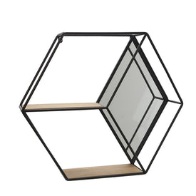 Metal/Wood 20" Hexagon Mirrored Wall Shelf - Black