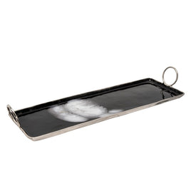 32" x 10" Rectangular Metal Tray with Silver Ring Handles - Black