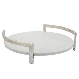 14" White Marble Tray with Silver Metal Handles