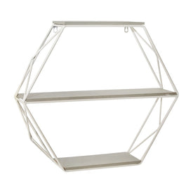Three-Tier Hexagon Metal and Wood Wall Shelf - White/Gray