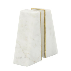 7" Slanted Marble Bookends with Gold Trim Set of 2 - White