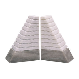 6" Marble Pyramid Bookends Set of 2 - White/Onyx