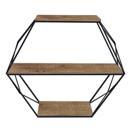 Three-Tier Hexagon Metal and Wood Wall Shelf - Black/Brown