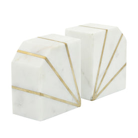 5" Polished Marble Bookends with Gold Inlays Set of 2 - White
