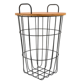 22" Metal Wire Storage Basket with Wood Lid
