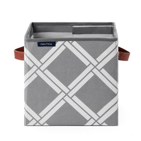 Rey Foldable Woven Polyester Cube Bin with Faux Leather Handles - Gray/White