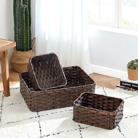 Rectangular Faux Wicker Basket with Wood Top Edge Trim Set of 3 - Brown