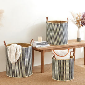 Chevron Weave Round Palm Leaf Baskets with Faux Leather Handles Set of 3