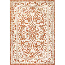 Sinjuri Medallion Textured Weave 60" L x 37" W Indoor/Outdoor Area Rug - Orange/Cream