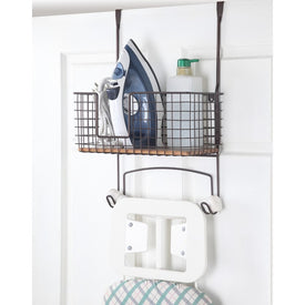 Metal Wall Mount/Over-the-Door Ironing Board Holder with Large Storage Basket - Black
