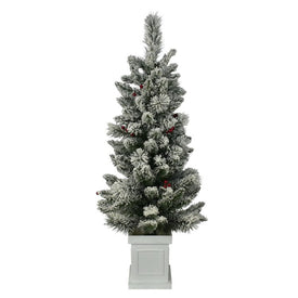 4' Pre-Lit Flocked Artificial Christmas Tree with 50 Lights and Decorative Berries