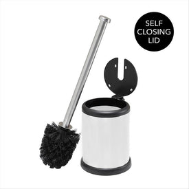 Toilet Bowl Brush and Holder with Closing Lid - White Coating
