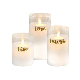 Live, Laugh, Love Battery-Operated LED Glass/Wax Candles with Moving Flame and Timer Set of 3