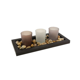 Black Wooden Pebble Tray with Three Frosted Glass Candle Holders