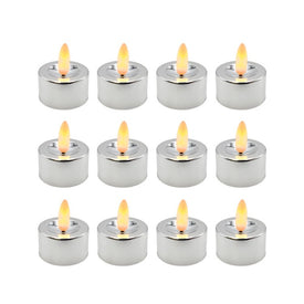 Battery-Operated 3D Wick Flame LED Tealight Candles Set of 12 - Silver