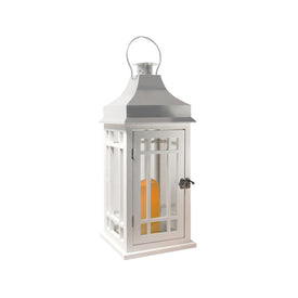 Wooden Lantern with Battery-Operated Candle and Timer - White with Chrome Roof