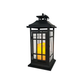 14" Black Window Battery-Operated Metal Lantern with LED Candle and Timer