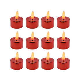 Battery-Operated 3D Wick Flame LED Tealight Candles Set of 12 - Red