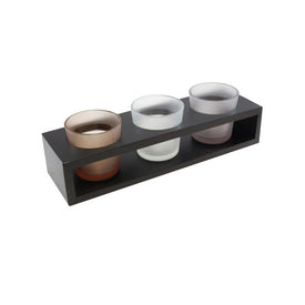 Black Wooden Tray with Three Frosted Glass Candle Holders