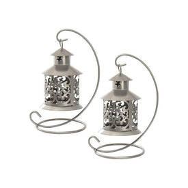 Metal Tabletop Lanterns with Hanging Hooks Set of 2 - Silver