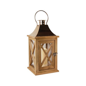 Wooden Lantern with Battery-Operated Candle and Candle - Natural with Copper Roof