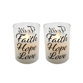 Faith, Hope, Love Battery-Operated Glass/Wax LED Candles with Moving Flame and Timer Set of 2