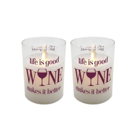 Life is Good, Wine Makes it Better Battery-Operated Glass/Wax LED Candles with Moving Flame and Timer Set of 2