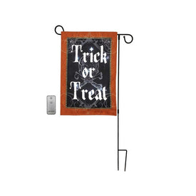 Trick-or-Treat Battery-Operated LED Lighted Outdoor Banner with Garden Flag Stand and Remote Control