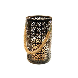 Metal Lantern with Battery-Operated Candle with Timer - Black Jacquard