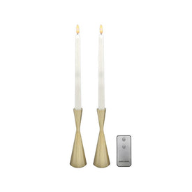 Battery-Operated 3D Wick Flame LED Taper Candles with Metal Holders and Remote Control Set of 2