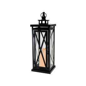 Metal Lantern with Battery-Operated Candle and Timer - Black Crisscross