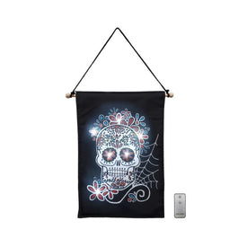Sugar Skull Indoor/Outdoor Battery-Operated LED Lighted Wall Banner with Remote Control