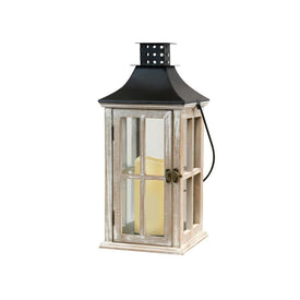 Wooden Lantern with Battery-Operated Candle - White Washed with Black Roof