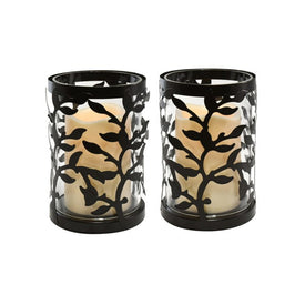 Battery-Operated Black Vine Hurricanes with LED Candles and Timer Set of 2