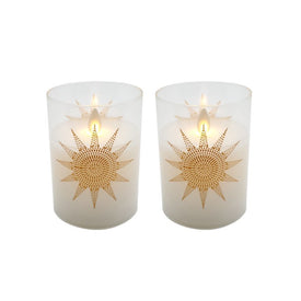 Mosaic Sun Battery-Operated Glass/Wax LED Candles with Moving Flame and Timer Set of 2