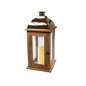 Wooden Lantern with Battery-Operated Candle - Brown with Copper Roof
