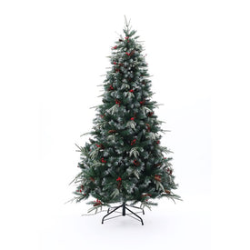 7' Pre-Lit LED Artificial Full Pine Christmas Tree with Pine Cones and Red Holly Berries
